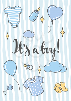 Happy Birthday greeting and invitation card. Holiday baby boy shower celebration simbols and items.