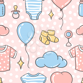 Happy Birthday seamless pattern. Holiday baby shower celebration simbols and items.