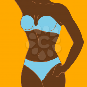 Illustration of pretty american african woman in bikini. Bra and panties set. Abstract stylized figure.