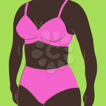 Illustration of pretty american african woman in bikini. Bra and panties set. Abstract stylized figure.