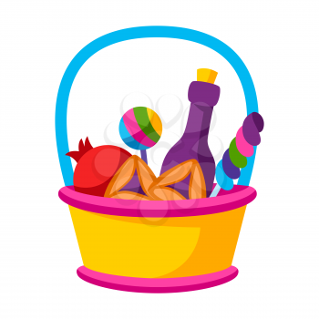 Happy Purim Jewish holiday basket. Traditional carnival funfair symbols.