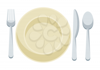 Illustration of plate with cutlery. Breakfast icon. Food item for menu bars, restaurants and shops.