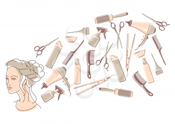 Barbershop background with professional hairdressing tools. Haircutting salon illustration.