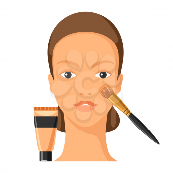 Process of applying foundation to face. Illustration of beautiful woman with make up. Beauty and fashion image.