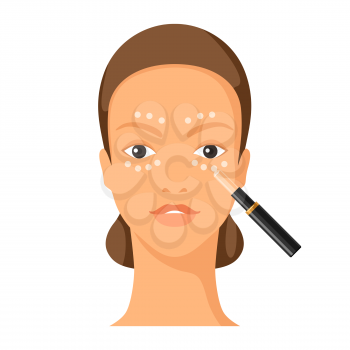 Process of applying concealer to face. Illustration of beautiful woman with make up. Beauty and fashion image.