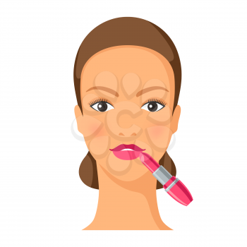 Process of applying lipstick to face. Illustration of beautiful woman with make up. Beauty and fashion image.