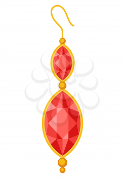 Illustration of beautiful gold jewelry earring with precious stones. Fashionable accessory.