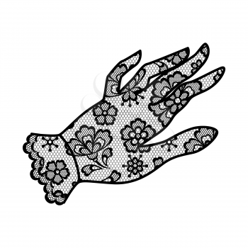 Illustration of female lacy glove. Vintage lace background, beautiful floral ornament.