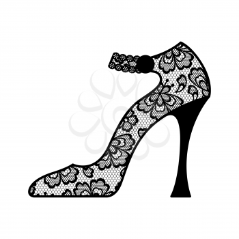 Illustration of female lacy shoe. Vintage lace background, beautiful floral ornament.