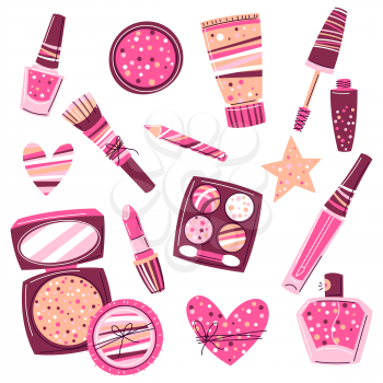 Set of cosmetics for skincare and makeup. Illustration for catalog or advertising. Beauty and fashion items.