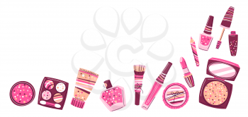 Background with cosmetics for skincare and makeup. Illustration for catalog or advertising. Beauty and fashion items.