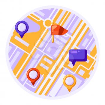 City map abstract background design with markers and flags. Illustration of streets, roads and buildings. Image for geography and cartography, travel and tourism.