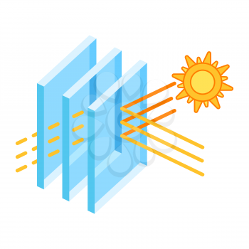 Sun protection with glass layers. Cross section double glazed window. Infographics showing properties. Image for businesses and construction industry.
