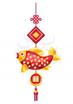 Illustration of Chinese hanging talisman with fish. Asian tradition New Year symbol. Talisman and holiday decoration.