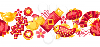 Happy Chinese New Year greeting card. Background with talismans and holiday decorations. Asian tradition symbols. Wishes of happiness, good luck and wealth.