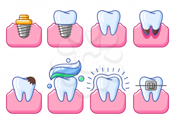 Illustrations of tooth. Dentistry and health care icons. Stomatology and medical items.
