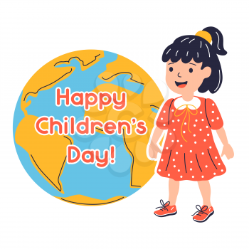 Happy children day greeting card. Illustration of standing near earth smiling girl. Child in cartoon style. Happy childhood.