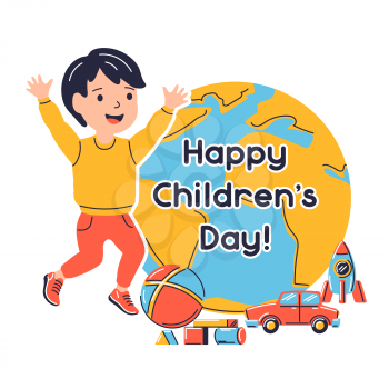 Happy children day greeting card. Illustration of jumping near earth smiling boy. Child in cartoon style. Happy childhood.
