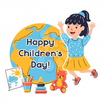 Happy children day greeting card. Illustration of jumping smiling girl. Child in cartoon style. Happy childhood.