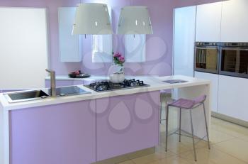 Modern pink kitchen. Indoor design.