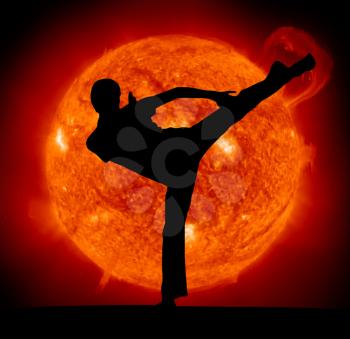Martial art. Karate man and Sun planet.