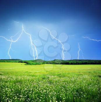 Lightning in meadow. Nature composition.