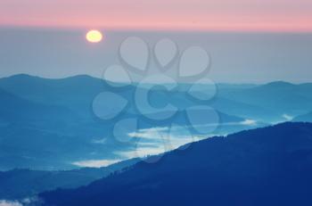 Sunrise in mountain. Nature composition.
