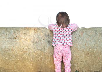 Little girl looking for a wall. Conceptual design. Isolated object.