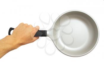 Isolated frying pan holding in hand. Element of design.