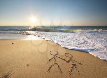 Sketching of couple person on the sea shore. Conceptual insurance life scene.

