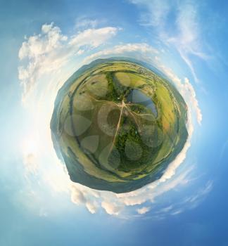 Little planet panorama photo of lake and valley hills. Nature composition.