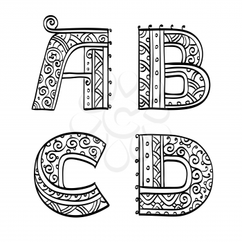 Vintage set of initial letters. Hand drawn vector illustration. Four letters of the ethnic patterned alphabet. A, B, C, D. Isolated on white background.
