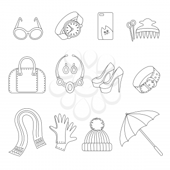 Line icons set of women s Accessories isolated on white. Vector illustration.