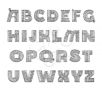 Ethnic patterned alphabet. Vintage initial letters isolated on white background. Hand drawn vector illustration. 