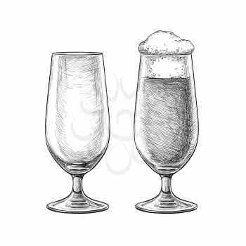 Beer glasses isolated on white background. Hand drawn vector illustration. Retro style.
