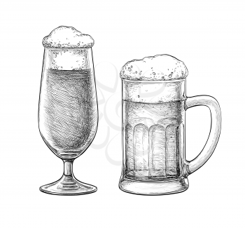Beer glass and beer mug isolated on white background. Hand drawn vector illustration. Retro style.