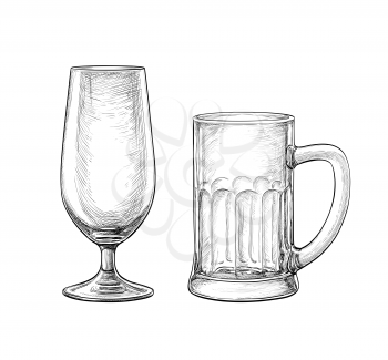 Empty beer glass and beer mug isolated on white background. Hand drawn vector illustration. Retro style.