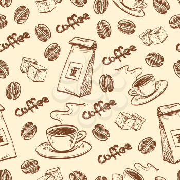 Seamless pattern with coffee beans, cup of coffee, packet of coffee and sugar cubes. Hand drawn vector illustration.