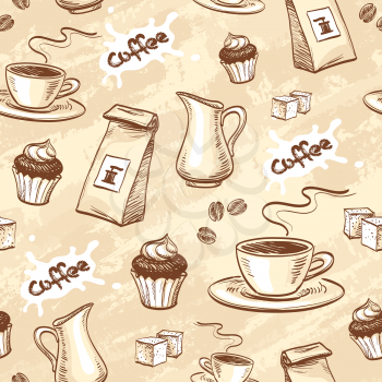 Seamless pattern with coffee beans, cup of coffee, cupcake, milk, packet of coffee and sugar cubes. Hand drawn vector illustration.