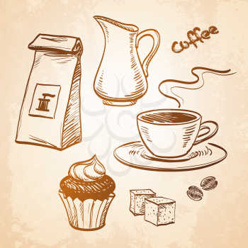 Cup of coffee, coffee beans, cupcake, milk jug, packet of coffee and sugar cubes. Hand drawn vector illustration.