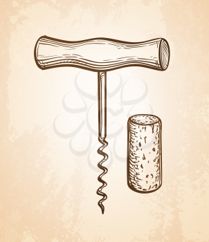 Corkscrew and cork on old paper background. Hand drawn vector illustration. Retro style.
