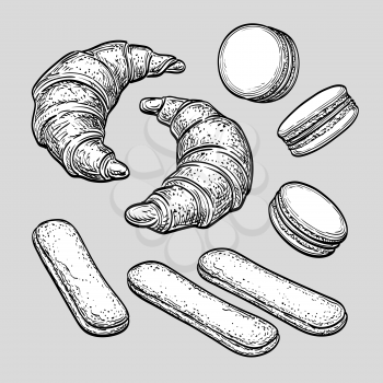 Pastry sweets collection. Sketch set. Hand drawn vector illustration.