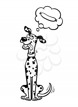 Sketch of dalmatian dog dreaming about sausage. Vector illustration. Isolated on white background.