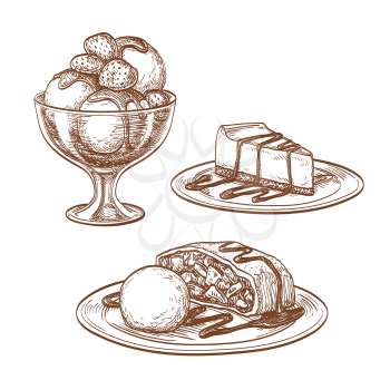 Set of desserts. Ice cream, cheesecake,  apple strudel. Isolated on white background. Hand drawn vector illustration. Retro style.