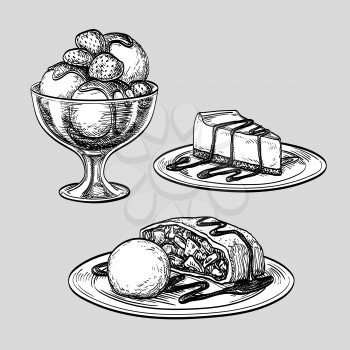 Sketch set of desserts. Ice cream with strawberry,  cheesecake and apple strudel. Hand drawn vector illustration. Retro style.
