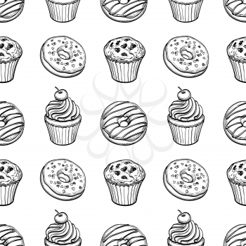 Seamless pattern with donuts, muffins and cupcakes. Hand drawn vector illustration.
