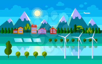 Flat landscape illustration. Wind generator, solar battery. Green energy. Vector illustration.