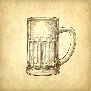 Beer mug on old paper background. Hand drawn vector illustration. Retro style.