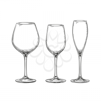 Set of empty glasses. Red wine, white wine and champagne. Isolated on white background. Hand drawn vector illustration. Retro style.