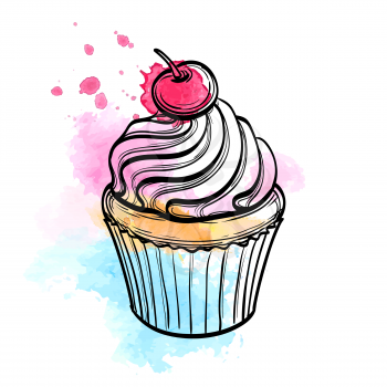 Hand drawn vector illustration of cupcake with cherry. Watercolor background. Isolated on white. 